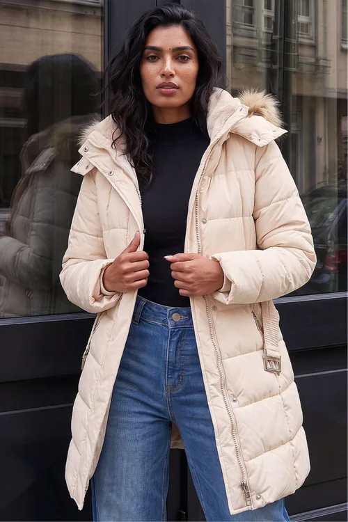 Roman Cream Faux Fur Padded Belt Coat - 14 Image 2