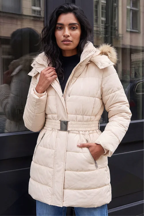 Roman Cream Faux Fur Padded Belt Coat - 14 Image 1