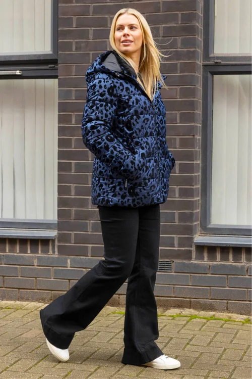 Roman Blue Animal Print Flocked Hooded Coat - 10 Image 4