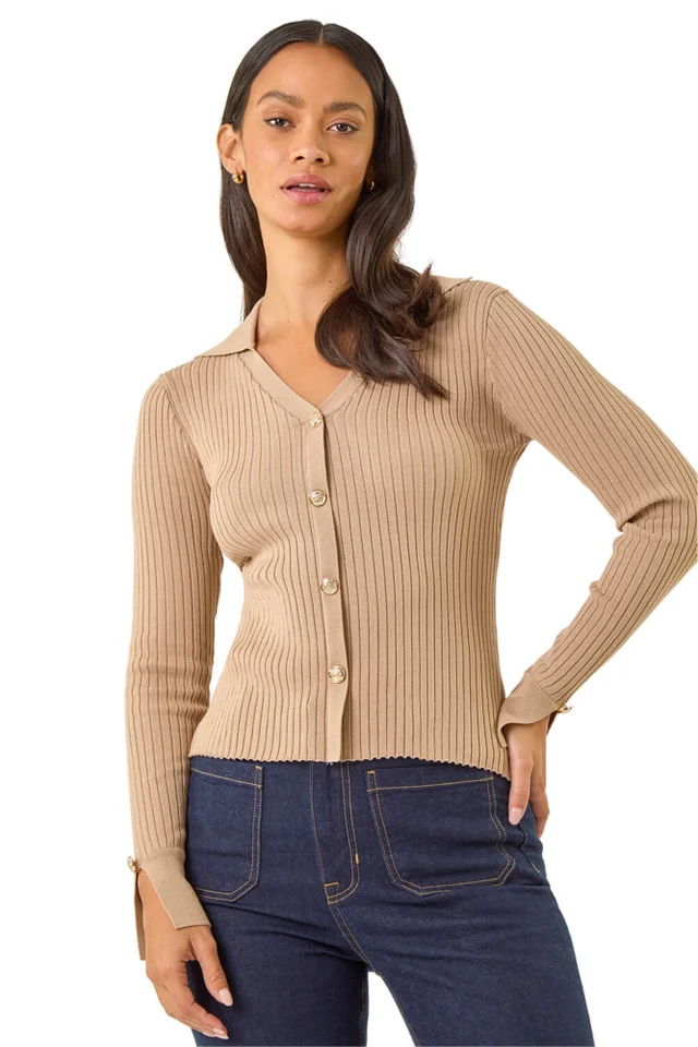 Dusk Natural Collared V-Neck Knit Top
