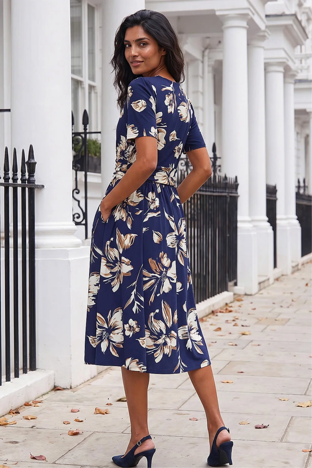 Roman Navy Floral Wrap Midi Dress - 16 Image 3