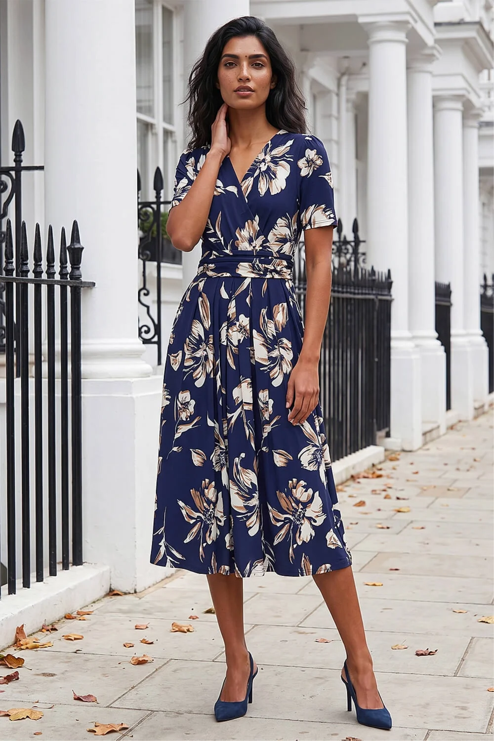 Roman Navy Floral Wrap Midi Dress - 16 Image 2