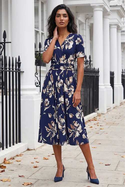 Roman Navy Floral Wrap Midi Dress - 16 Image 2