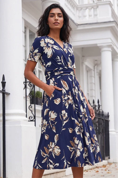 Roman Navy Floral Wrap Midi Dress - 16 Image 1
