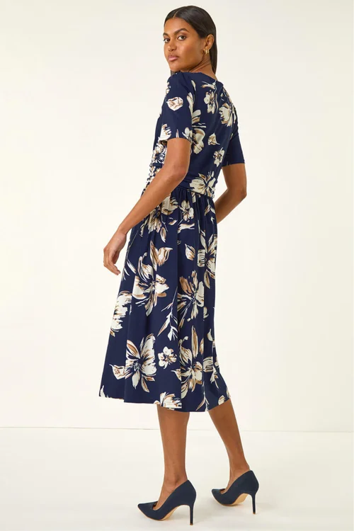 Roman Navy Floral Wrap Midi Dress - Size 16 Clothing Image 3