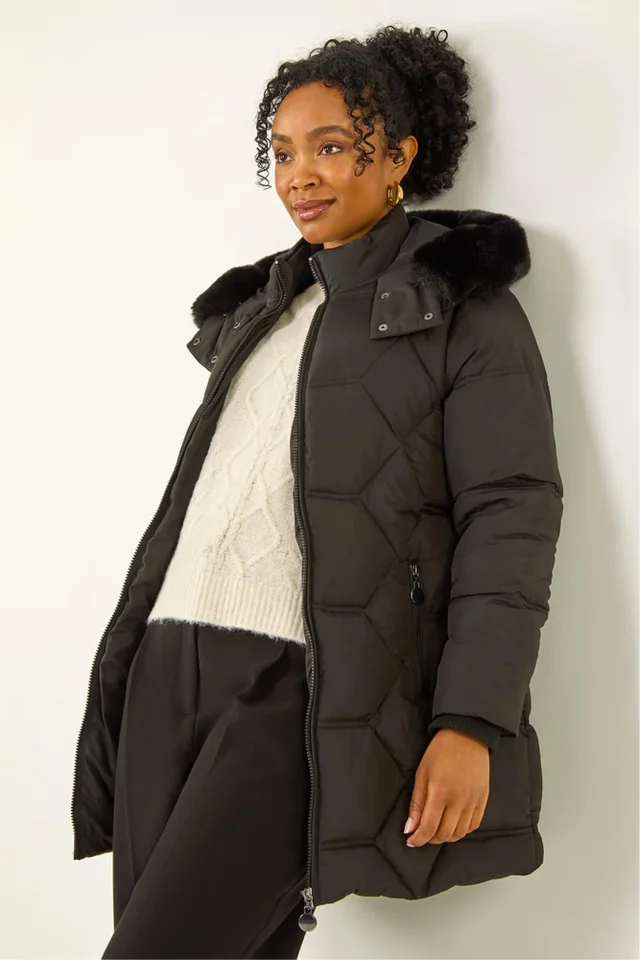 Roman Black Petite Hooded Quilted Puffer Coat