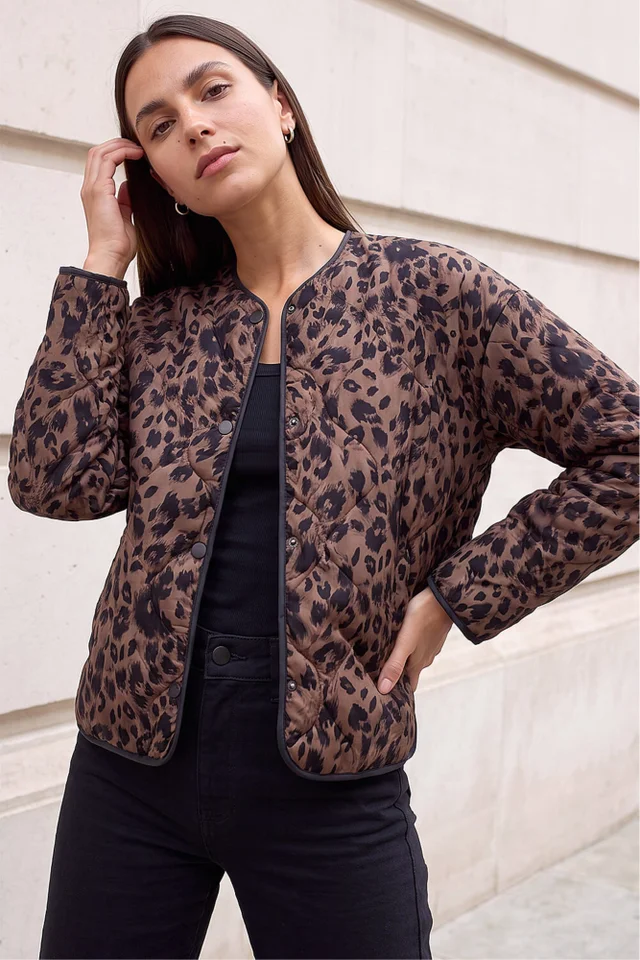 Roman Brown Animal Print Flock Quilted Jacket