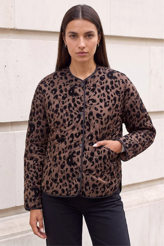 Roman Brown Animal Print Flock Quilted Jacket