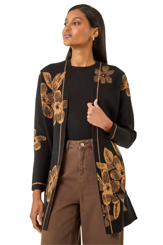 Roman Black Contrast Floral Print Cardigan