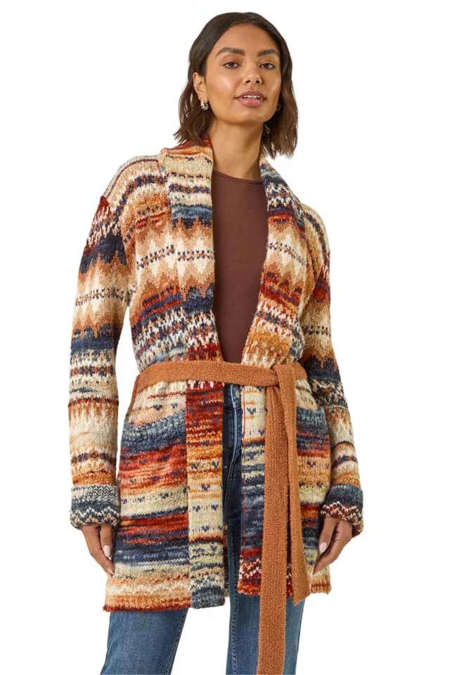 Roman Brown Jacquard Knit Belted Cardigan