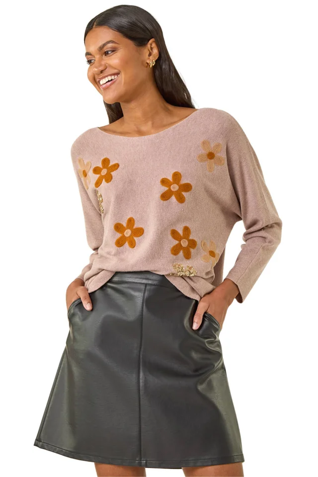 Roman Biscuit Floral Sequin Embroidery Knit Jumper