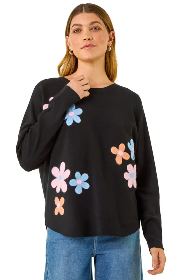 Roman Black Floral Embroidery Knit Jumper