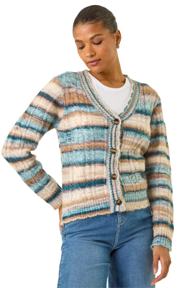Roman Light Blue Stripe Buttoned Cable Knit Cardigan