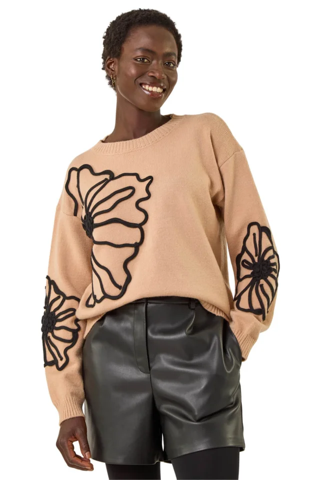 Roman Camel Cornelli Floral Knit Jumper