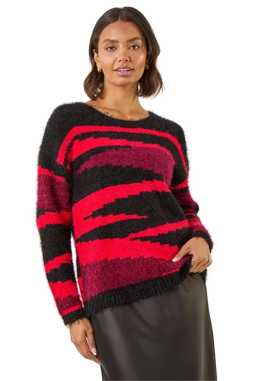 Roman Black Fluffy Colour Block Knit Jumper - Size 20 Clothing Image 1