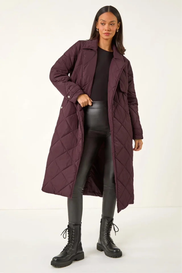 Dusk Wine Chevron Wrap Quilted Puffer Coat