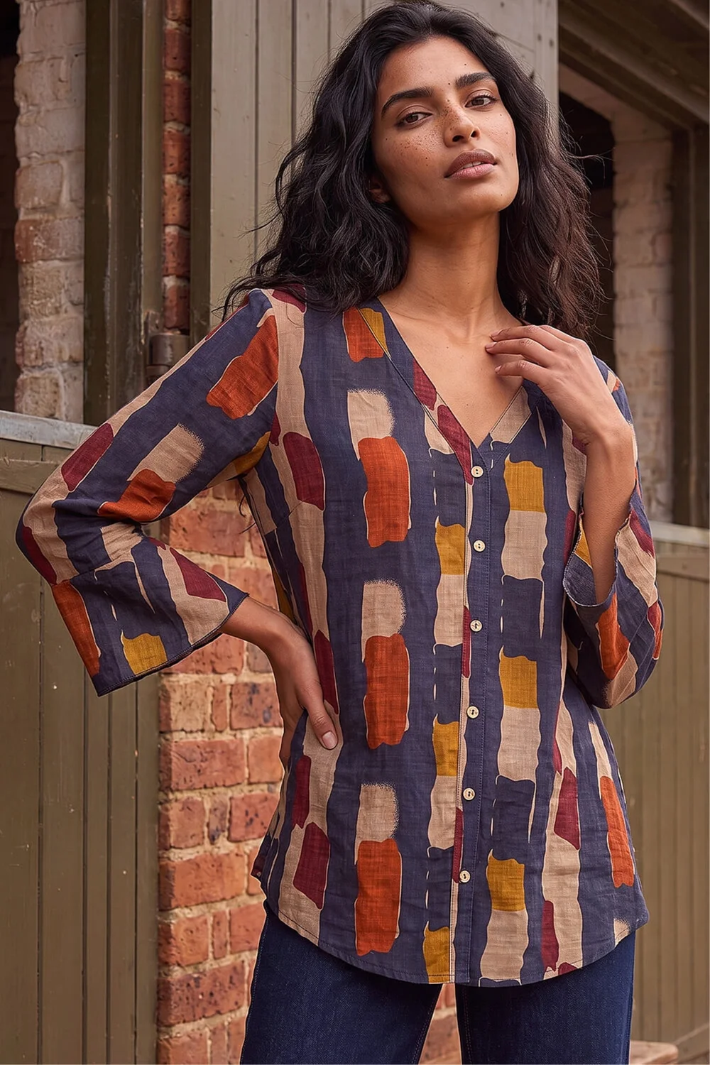Roman Navy Abstract Print Buttoned Blouse - 14 Image 1