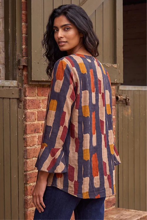 Roman Navy Abstract Print Buttoned Blouse - 14 Image 2