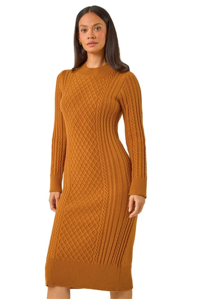 Dusk Dark Orange Cable Knit Midi Jumper Dress