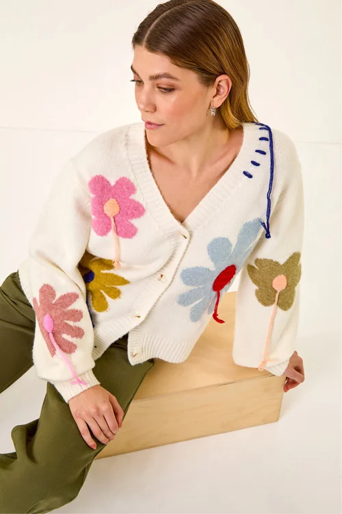Roman Ivory Floral Stitch Knit Cardigan - One Size Image 3