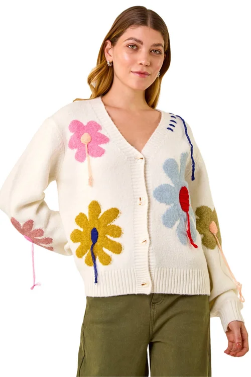 Roman Ivory Floral Stitch Knit Cardigan - One Size Image 1