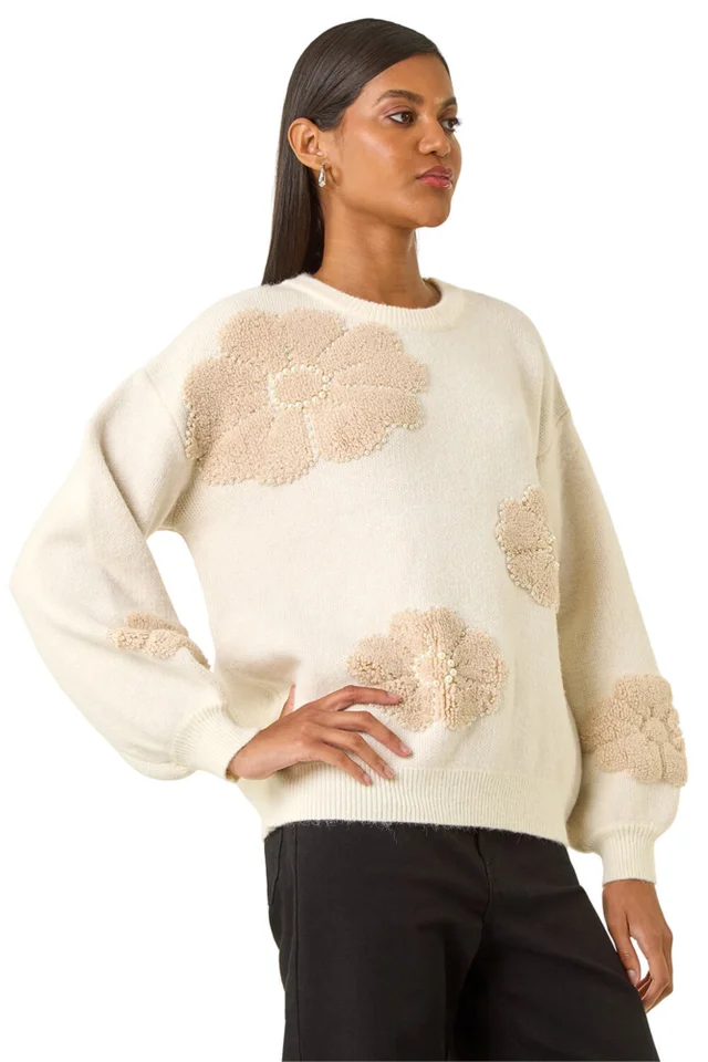 Roman Ivory Floral Faux Pearl Knit Jumper