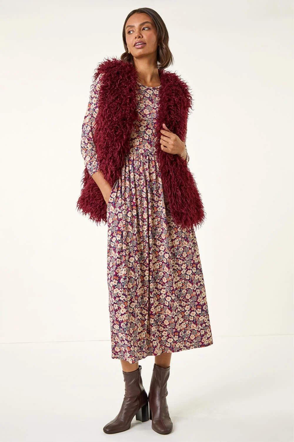 Roman Burgundy Longline Faux Fur Gilet - S Image 2