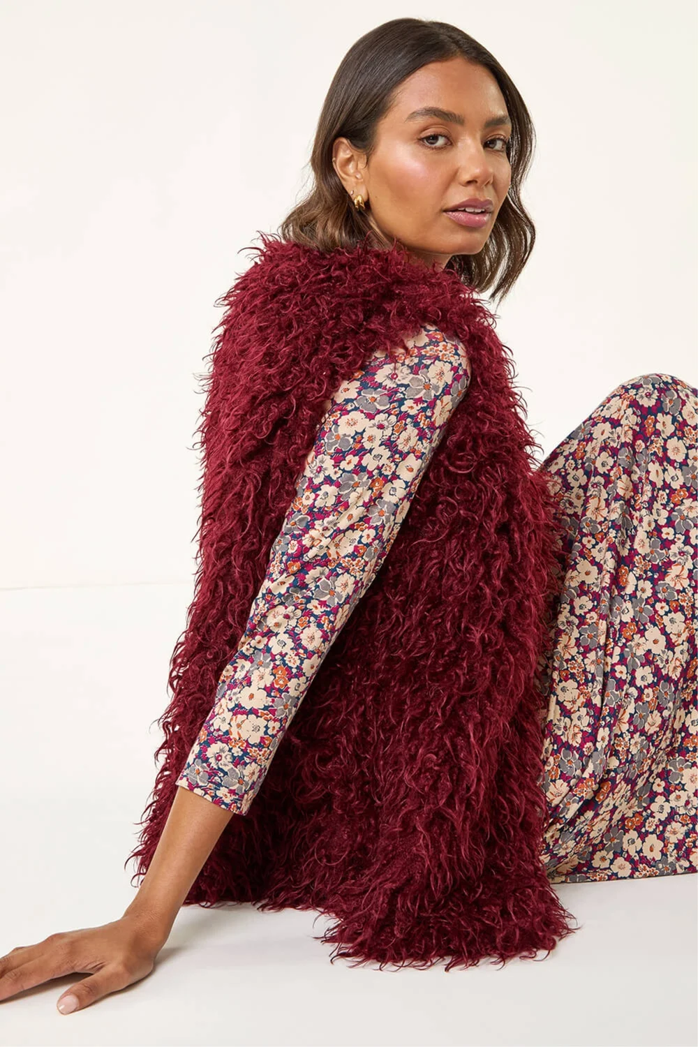 Roman Burgundy Longline Faux Fur Gilet - S Image 1
