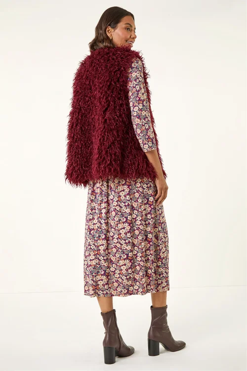 Roman Burgundy Longline Faux Fur Gilet - S Image 3