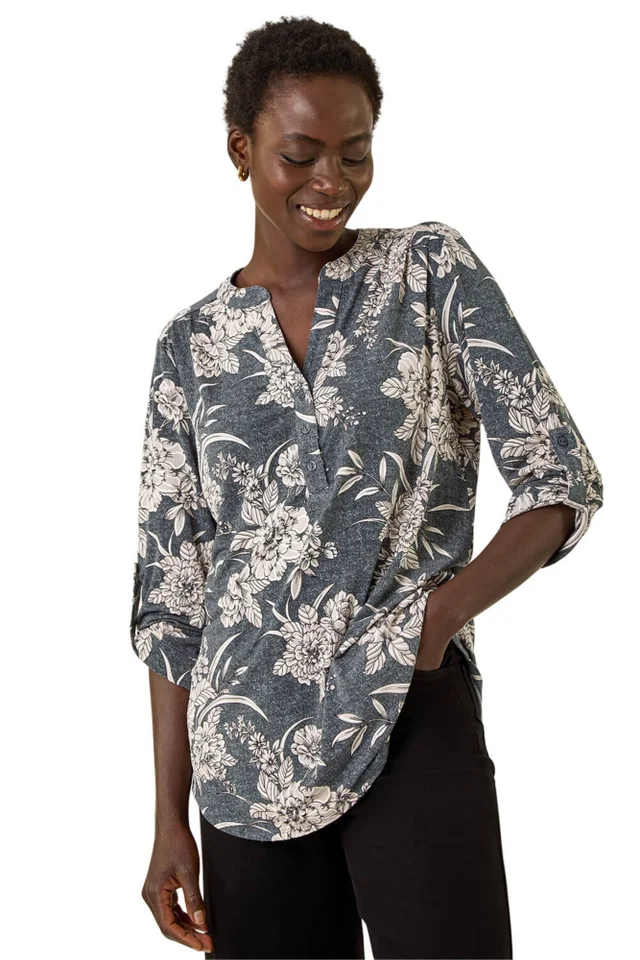 Roman Grey Floral Puff Print Stretch Shirt