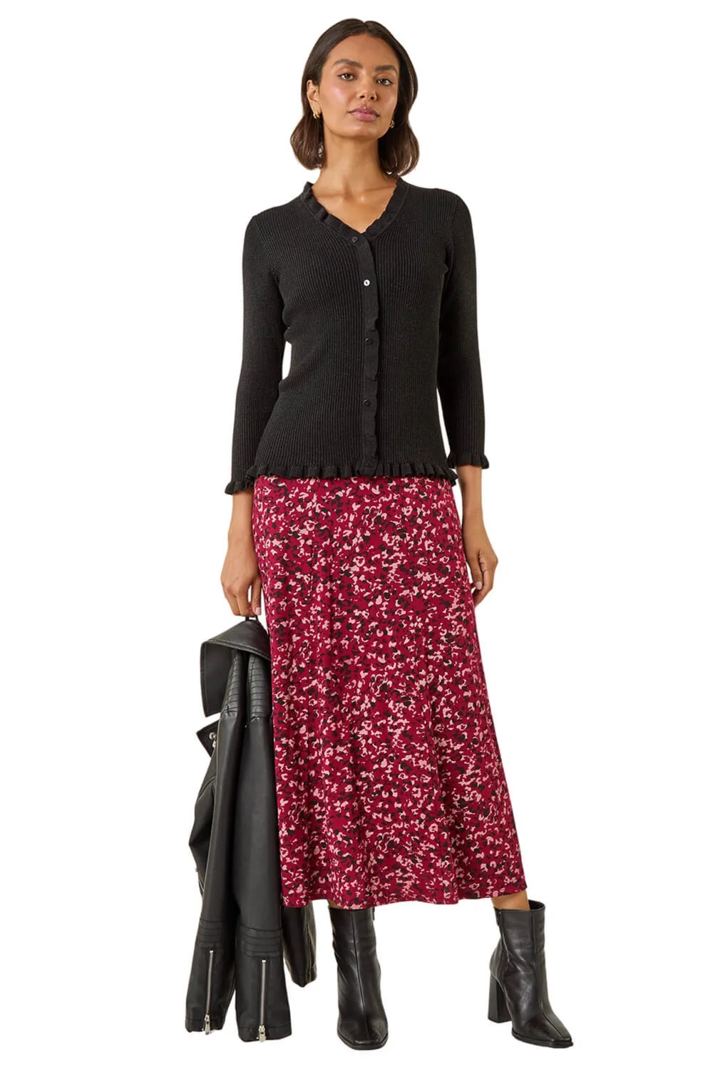 Roman Black V-Neck Ruffle Knit - Size 16 Clothing Image 2