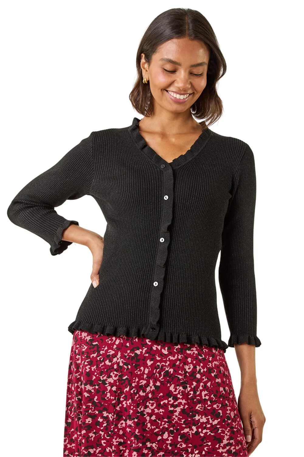 Roman Black V-Neck Ruffle Knit - Size 16 Clothing Image 1