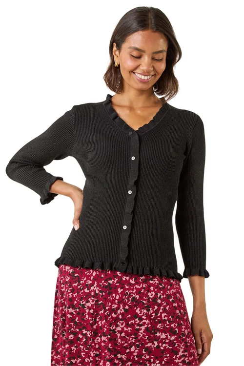 Roman Black V-Neck Ruffle Knit - Size 16 Clothing Image 1