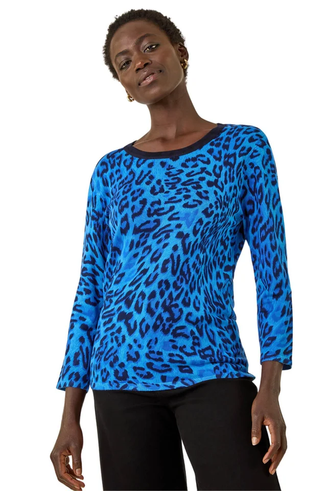 Roman Blue Animal Print V-Neck Knit Jumper