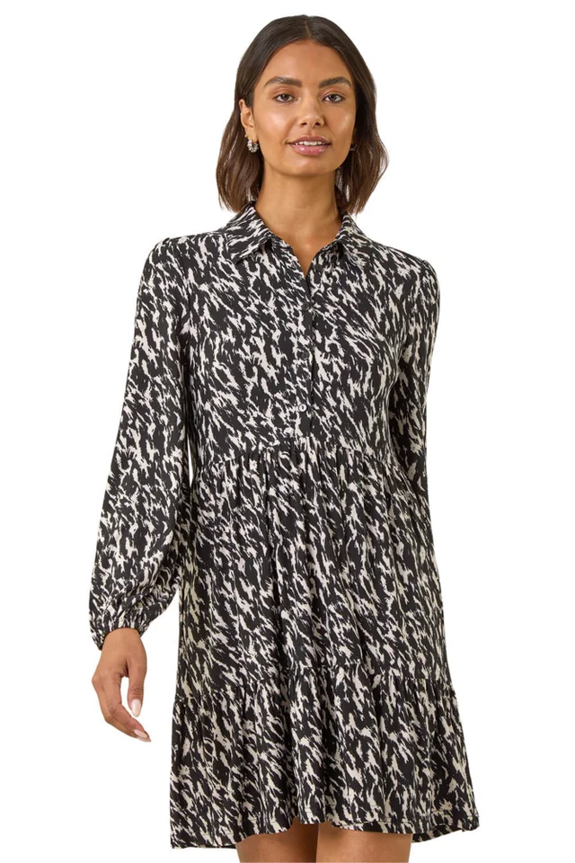 Roman Black Abstract Print Buttoned Stretch Dress