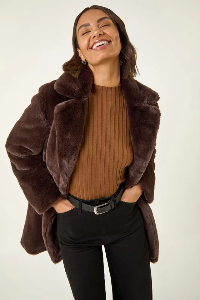 Roman Chocolate Faux Fur Longline Coat