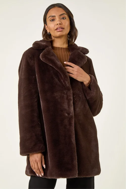 Roman Chocolate Faux Fur Longline Coat - 20 Image 4