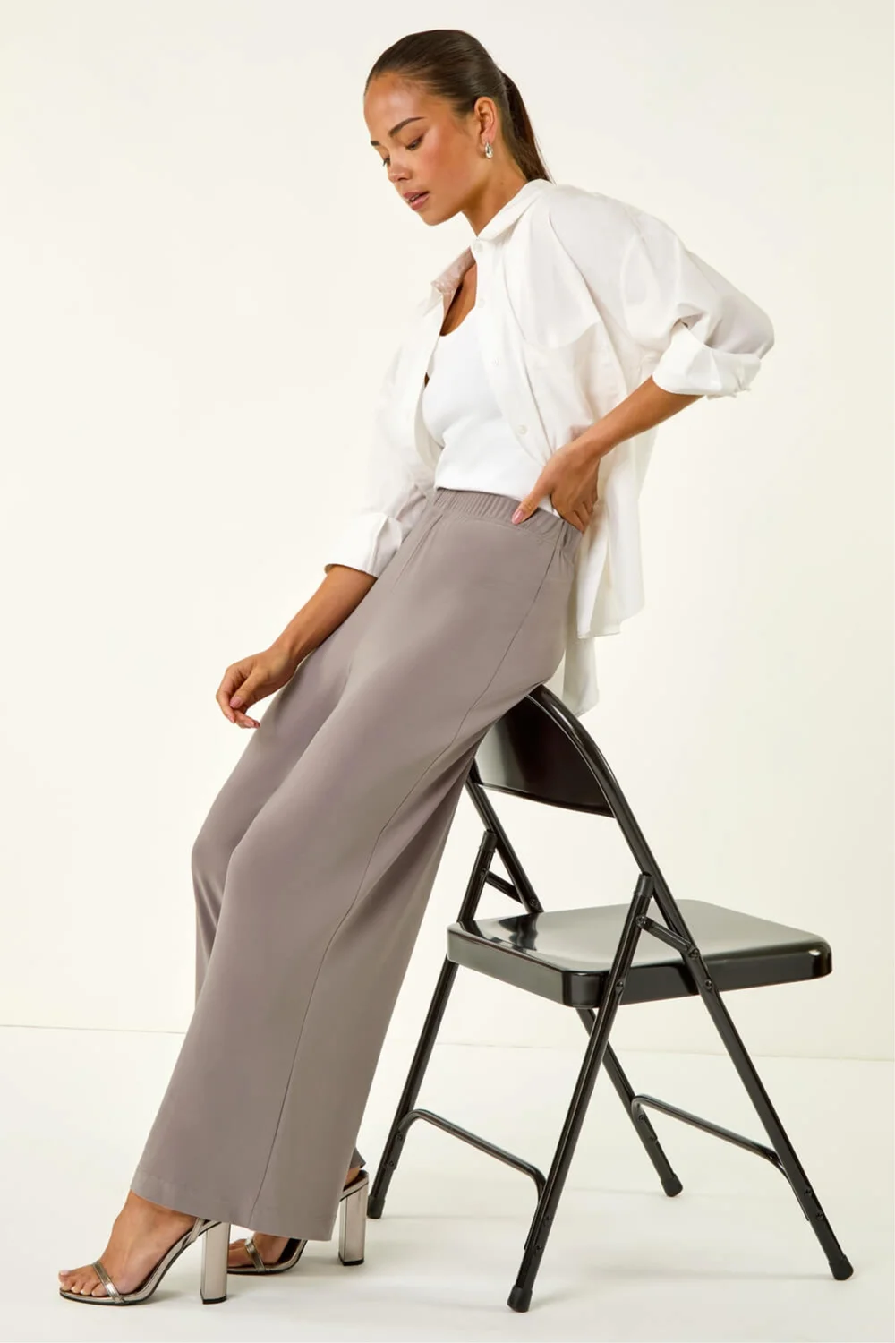 Roman Taupe Petite Wide Leg Stretch Trouser - 10 Image 1