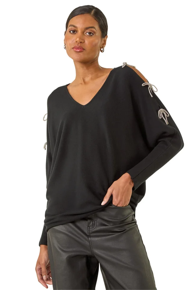 Roman Black Bow Sleeve V-Neck Knit Jumper