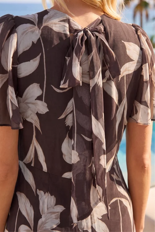 Roman Chocolate Floral Print Flutter Sleeve Midi Dress - 12 Image 4