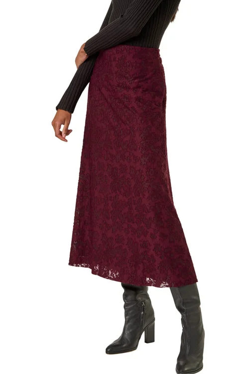 Roman Burgundy Floral Textured A-Line Skirt - Size 16 Clothing Image 1