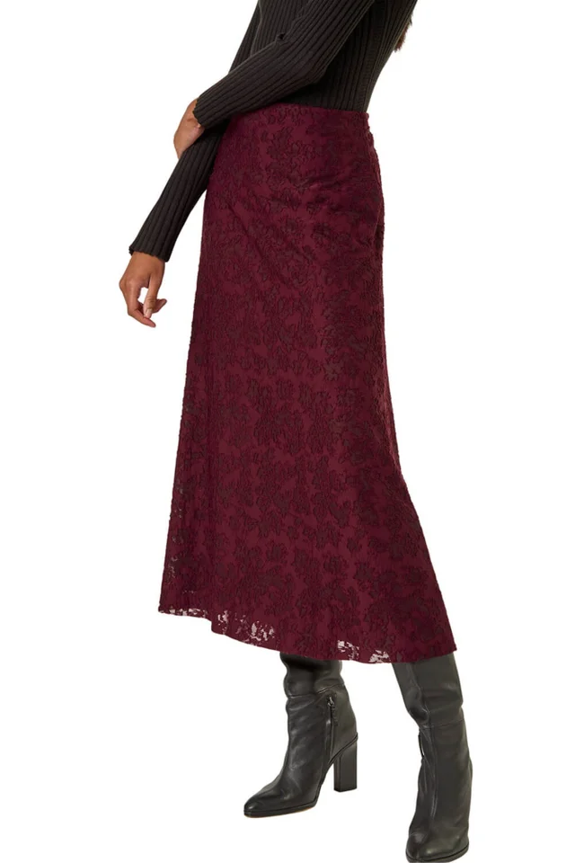 Roman Burgundy Floral Textured A-Line Skirt