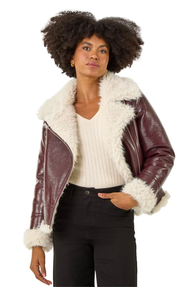 Roman Burgundy Contrast Faux Leather Aviator Coat