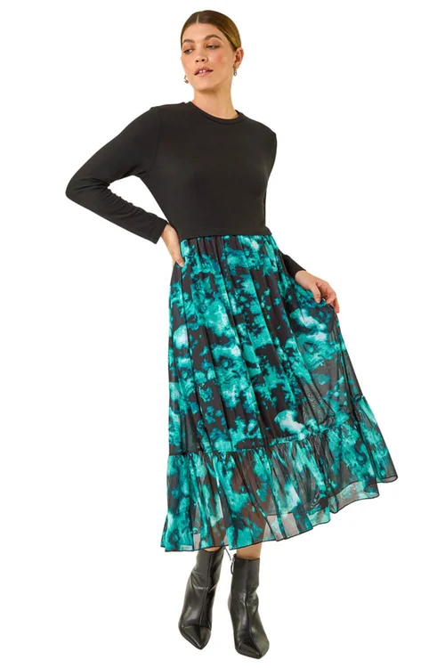 Roman Teal Abstract Print Stretch Midi Dress - Size 12 Image 2