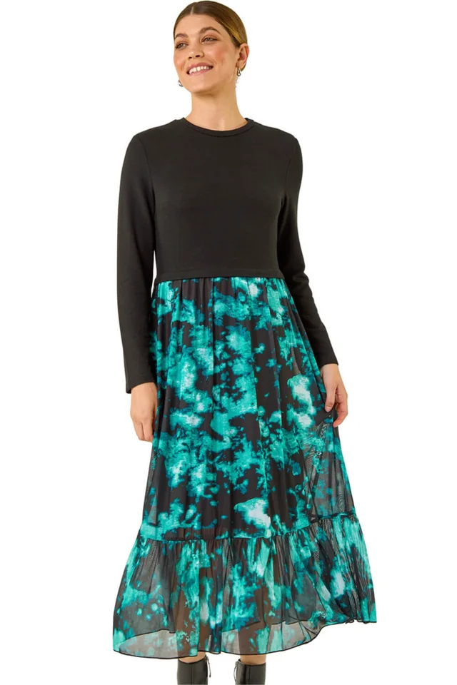 Roman Teal Abstract Print Stretch Midi Dress