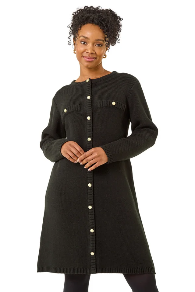 Roman Black Petite Button Detail Knit Dress