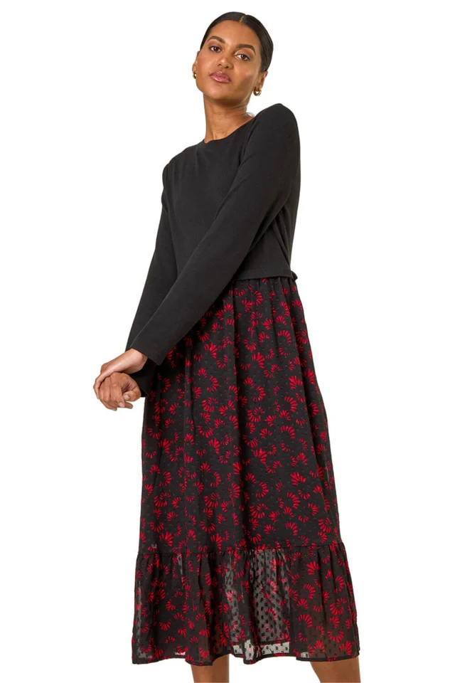 Roman Black Contrast Print Mesh Skirt Midi Dress