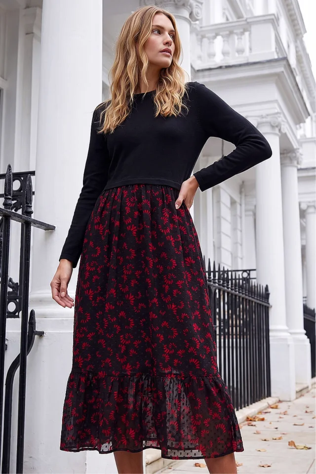 Roman Black Contrast Print Mesh Skirt Midi Dress