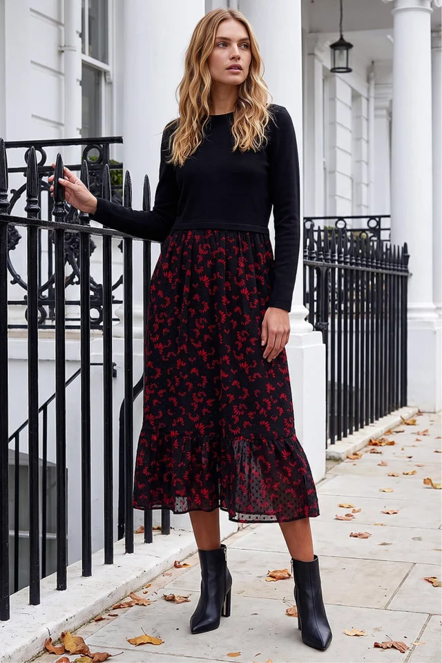Roman Black Contrast Print Mesh Skirt Midi Dress
