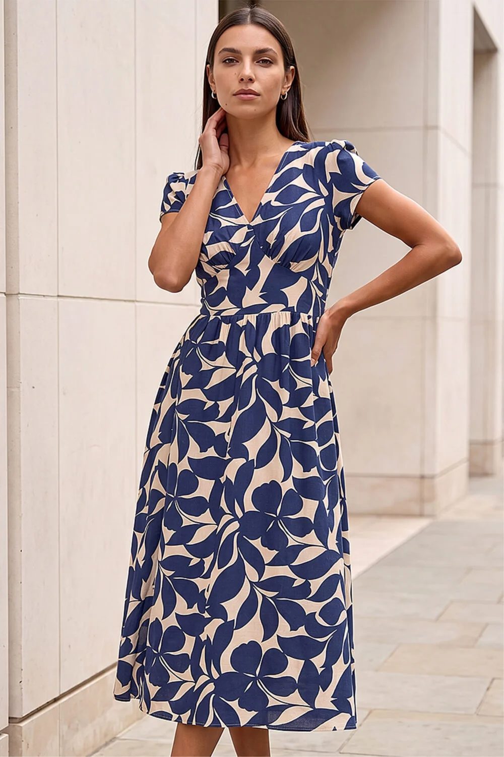 Roman Navy Leaf Print V-Neck Midi Dress - 12 Image 1